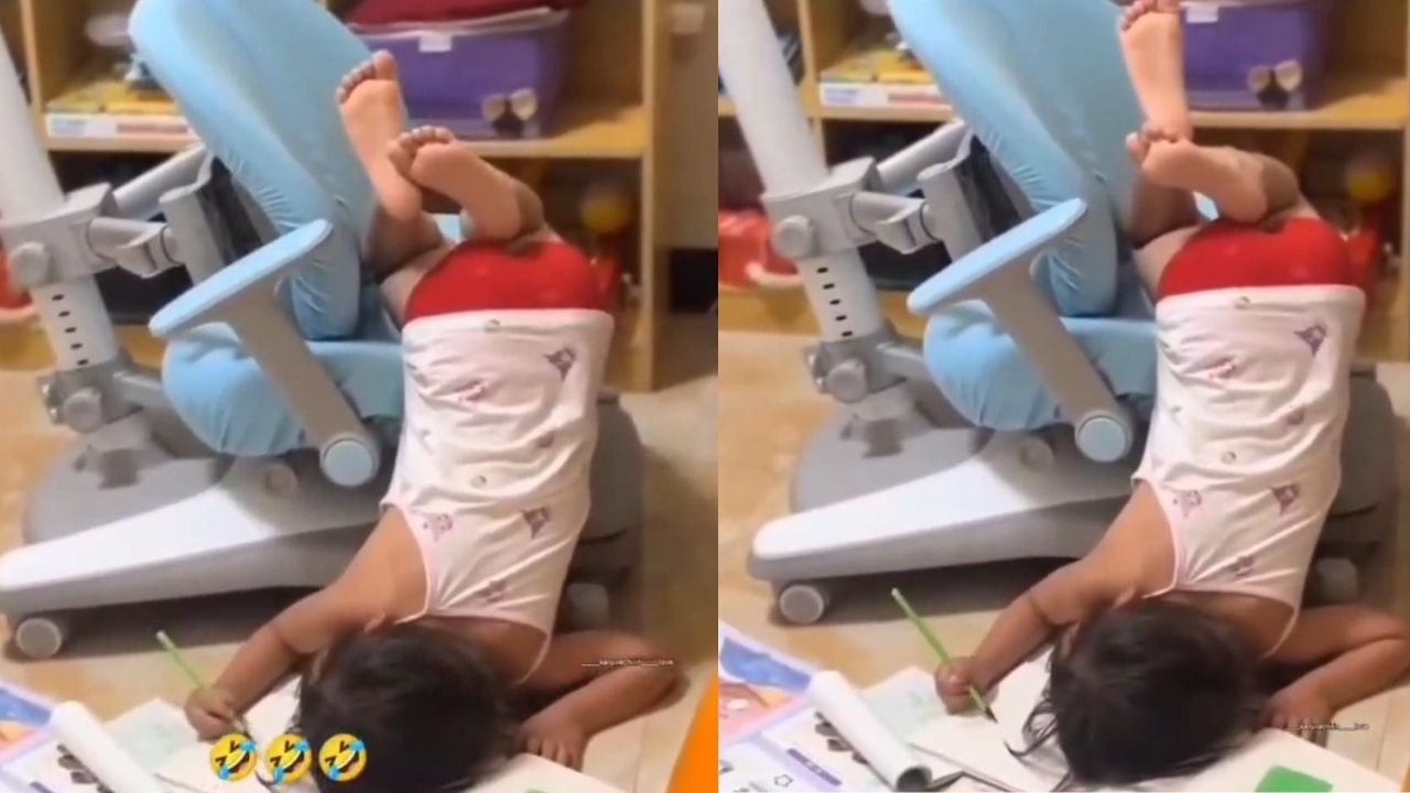Video: ಸರ್ಕಸ್​​​ ವಿತ್​​​​​​ ಹೋಮ್ ವರ್ಕ್: ಎರಡು ಕಾಲು ಕುರ್ಚಿ ಮೇಲೆ, ತಲೆಕೆಳಗಾಗಿ ಮಲಗಿ ಹೋಮ್ ವರ್ಕ್ ಮಾಡಿದ ಪುಟಾಣಿ