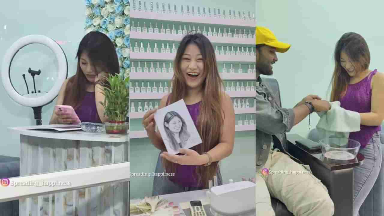 Video: ಯುವತಿಯ ಚಿತ್ರ ಬರೆದ ಯುವಕಲಾವಿದ, ನೇಲ್ ಆರ್ಟಿಸ್ಟ್ ರಿಯಾಕ್ಷನ್​​ಗೆ ಮನಸೋತ ಯುವಕ