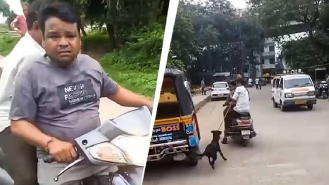ಮಕ್ಕಳನ್ನು ಕಚ್ಚಿದ್ದಕ್ಕೆ, ನಾಯಿಯ ಬೈಕ್​​ಗೆ ಕಟ್ಟಿ ಎಳೆದೊಯ್ದ ವ್ಯಕ್ತಿ