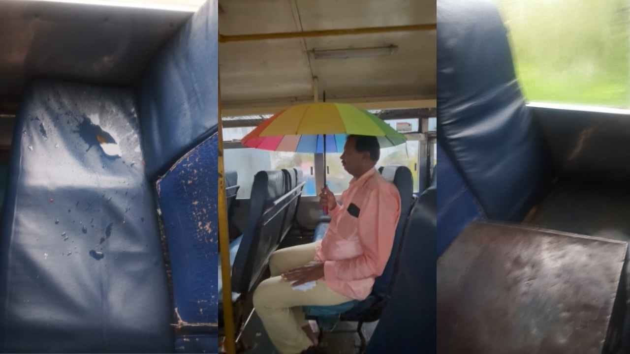 ಸೋರುತಿಹುದು ಸಾರಿಗೆ ಬಸ್ ಮೇಲ್ಚಾವಣಿ, ಛತ್ರಿ ಹಿಡಿದು ಕುಳಿತ ಪ್ರಯಾಣಿಕ ಸೋರುತಿಹುದು ಸಾರಿಗೆ ಬಸ್ ಮೇಲ್ಚಾವಣಿ, ಛತ್ರಿ ಹಿಡಿದು ಕುಳಿತ ಪ್ರಯಾಣಿಕ