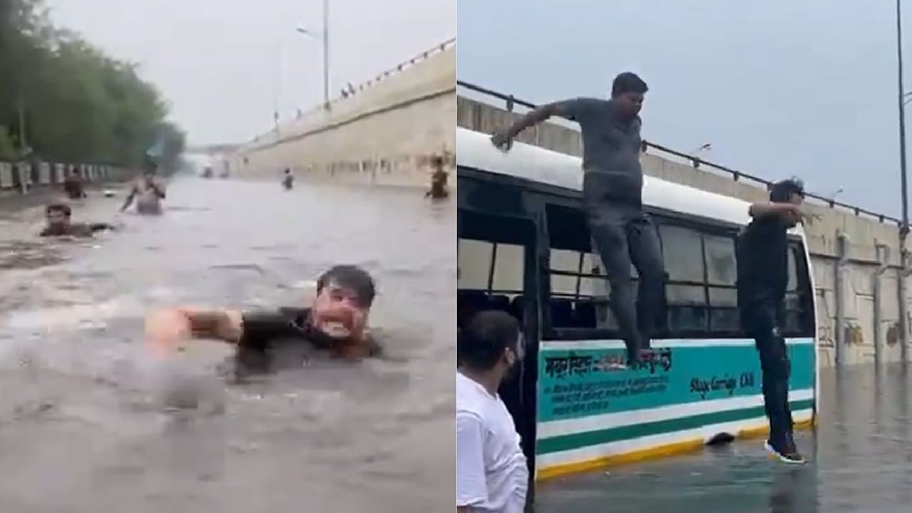 ಮಳೆ ನೀರು ತುಂಬಿದ ದೆಹಲಿಯ ಹೈವೇಯಲ್ಲಿ ಈಜಿದ ಯುವಕರು