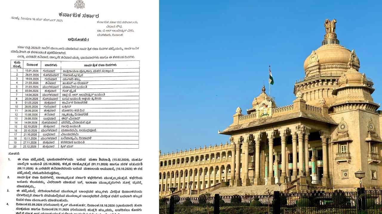 Karnataka Govt Holidays: 2026ನೇ ಸಾಲಿನ ಸಾರ್ವತ್ರಿಕ ರಜಾ ಪಟ್ಟಿ ಪ್ರಕಟಿಸಿದ ರಾಜ್ಯ ಸರ್ಕಾರ