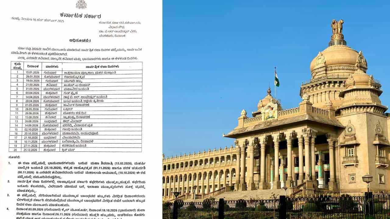 Karnataka Govt Holidays: 2026ನೇ ಸಾಲಿನ ಸಾರ್ವತ್ರಿಕ ರಜಾ ಪಟ್ಟಿ ಪ್ರಕಟಿಸಿದ ರಾಜ್ಯ ಸರ್ಕಾರ Karnataka Govt Holidays: 2026ನೇ ಸಾಲಿನ ಸಾರ್ವತ್ರಿಕ ರಜಾ ಪಟ್ಟಿ ಪ್ರಕಟಿಸಿದ ರಾಜ್ಯ ಸರ್ಕಾರ