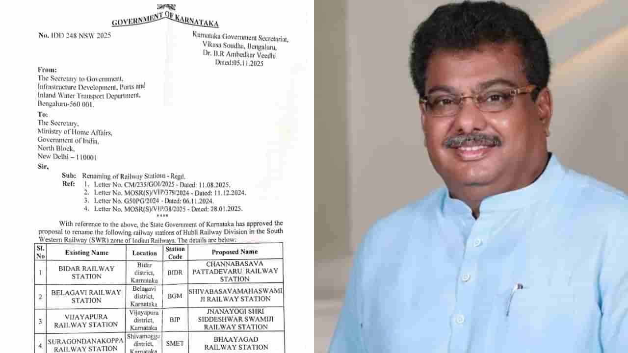ಕರ್ನಾಟಕದ ನಾಲ್ಕು ರೈಲ್ವೇ ಸ್ಟೇಷನ್ಗಳ ಮರುನಾಮಕರಣ ಕೋರಿ ಎಂಬಿ ಪಾಟೀಲ್ ಪತ್ರ
