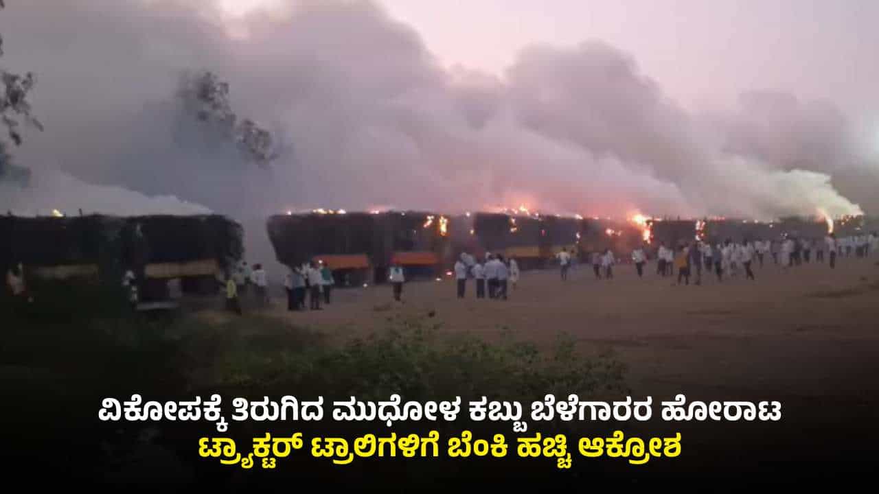ಬಾಗಲಕೋಟೆಯಲ್ಲಿ ಕಬ್ಬು ಬೆಳೆಗಾರರ ರೋಷಾಗ್ನಿ: 100ಕ್ಕೂ ಹೆಚ್ಚು ಟ್ರ್ಯಾಕ್ಟರ್ ಟ್ರಾಲಿಗಳಿಗೆ ಬೆಂಕಿ ಬಾಗಲಕೋಟೆಯಲ್ಲಿ ಕಬ್ಬು ಬೆಳೆಗಾರರ ರೋಷಾಗ್ನಿ: 100ಕ್ಕೂ ಹೆಚ್ಚು ಟ್ರ್ಯಾಕ್ಟರ್ ಟ್ರಾಲಿಗಳಿಗೆ ಬೆಂಕಿ