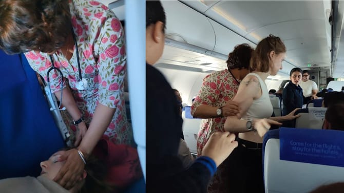 ವಿಮಾನದಲ್ಲಿ ಅಮೆರಿಕಾ ಮಹಿಳೆ ಜೀವ ಉಳಿಸಿದ 'ಕೈ' ನಾಯಕಿ: ಆಗಿದ್ದೇನು?