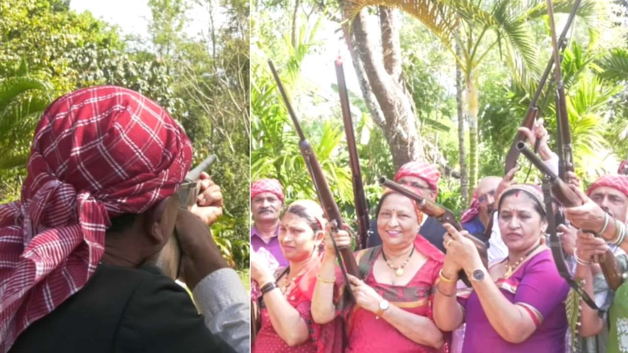 ಬಂದೂಕನ್ನು ಬರೀ ಪೂಜಿಸುವುದಷ್ಟೇ ಅಲ್ಲದೆ, ತೆಂಗಿನ ಕಾಯಿಗೆ ಗುಂಡು ಹೊಡೆದು ಬಹುಮಾನ ಗೆದ್ದು ಸಂಭ್ರಮಿಸಿದರು. ಪುರುಷರು ಮಾತ್ರವಲ್ಲದೆ ಮಹಿಳೆಯರು ಕೂಡ ಗುರಿ ಇಟ್ಟು ಗುಂಡು ಹೊಡೆದು ತಾವೇನು ಕಡಿಮೆ ಇಲ್ಲ ಎಂದು ನಿರೂಪಿಸಿದರು.