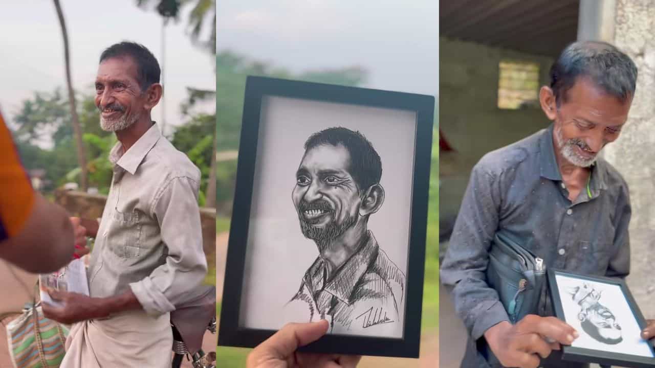Video: ಕಾಯಕದಲ್ಲೇ ಖುಷಿ ಕಾಣುವ ವ್ಯಕ್ತಿಯ ಚಿತ್ರ ಬಿಡಿಸಿ ಮೊಗದಲ್ಲಿ ನಗು ಮೂಡಿಸಿದ ಯುವಕಲಾವಿದ