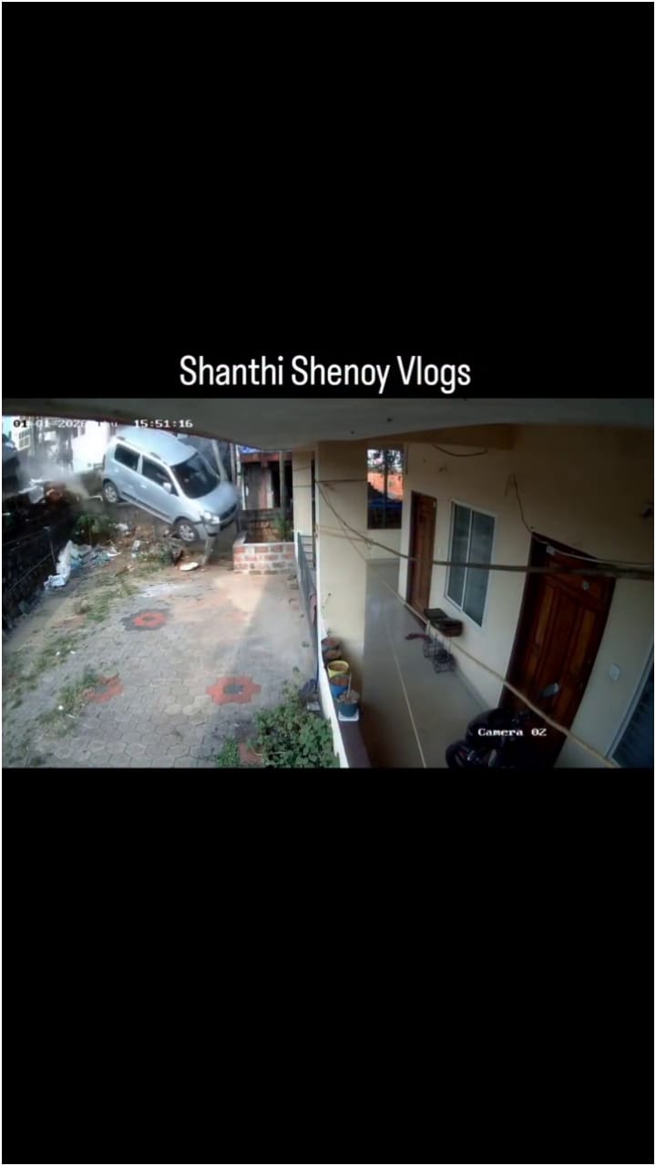 ಕಂಪೌಂಡ್ ಹಾರಿ ಮನೆ ಅಂಗಳಕ್ಕೆ ಬಿದ್ದ ಕಾರು!