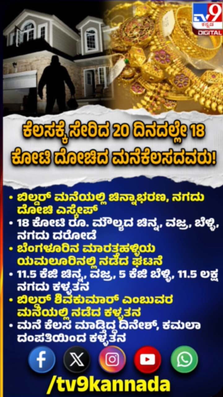ಮನೆಕೆಲಸದಾಕೆಯಿಂದ 18 ಕೋಟಿ ಮೌಲ್ಯದ ಚಿನ್ನಾಭರಣ ಲೂಟಿ