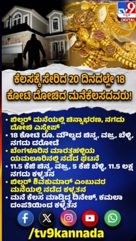 ಮನೆಕೆಲಸದಾಕೆಯಿಂದ 18 ಕೋಟಿ ಮೌಲ್ಯದ ಚಿನ್ನಾಭರಣ ಲೂಟಿ