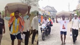 56 ಕೆಜಿ ತೂಕದ ಗೋಧಿ ಮೂಟೆ ಹೊತ್ತು ಅಯೋಧ್ಯೆಗೆ ಪಾದಯಾತ್ರೆ ಹೊರಟ ರಾಮ ಭಕ್ತ!