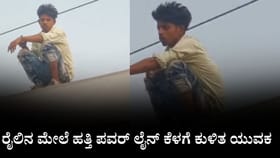 ರೈಲಿನ ಮೇಲೆ ಹತ್ತಿ ಪವರ್​ ಲೈನ್ ಕೆಳಗೆ ಕುಳಿತ ಯುವಕ