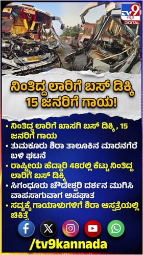 ತುಮಕೂರು: ನಿಂತಿದ್ದ ಲಾರಿಗೆ ಬಸ್ ಡಿಕ್ಕಿ, 15 ಜನರಿಗೆ ಗಾಯ