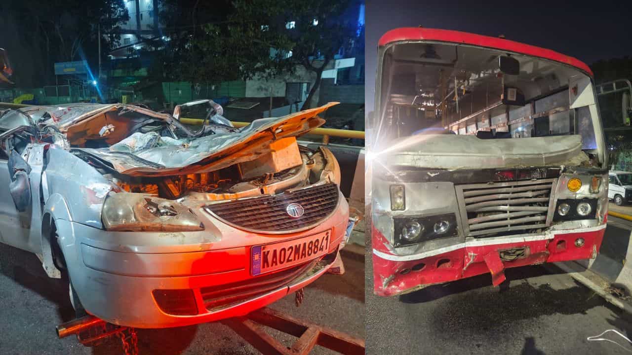 ನೆಲಮಂಗಲ ಬಳಿ ಡಿವೈಡರ್​​ ಹಾರಿ KSRTC ಬಸ್​​ಗೆ ಗುದ್ದಿದ ಕಾರು: ಐವರು ಸಾವು