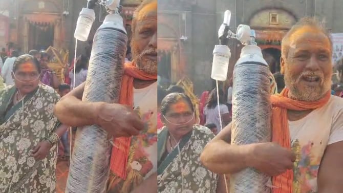 ಆಕ್ಸಿಜನ್ ಸಿಲಿಂಡರ್ ಹಿಡ್ಕೊಂಡೇ ಮಾಯಕ್ಕಾ ದೇವಿ ದರ್ಶನ!