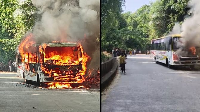 ಪ್ರಯಾಣಿಕರ ಮುಂದೆಯೇ ಧಗಧಗನೆ ಹೊತ್ತಿ ಉರಿದ ದುರ್ಗಾಂಬಾ ಬಸ್