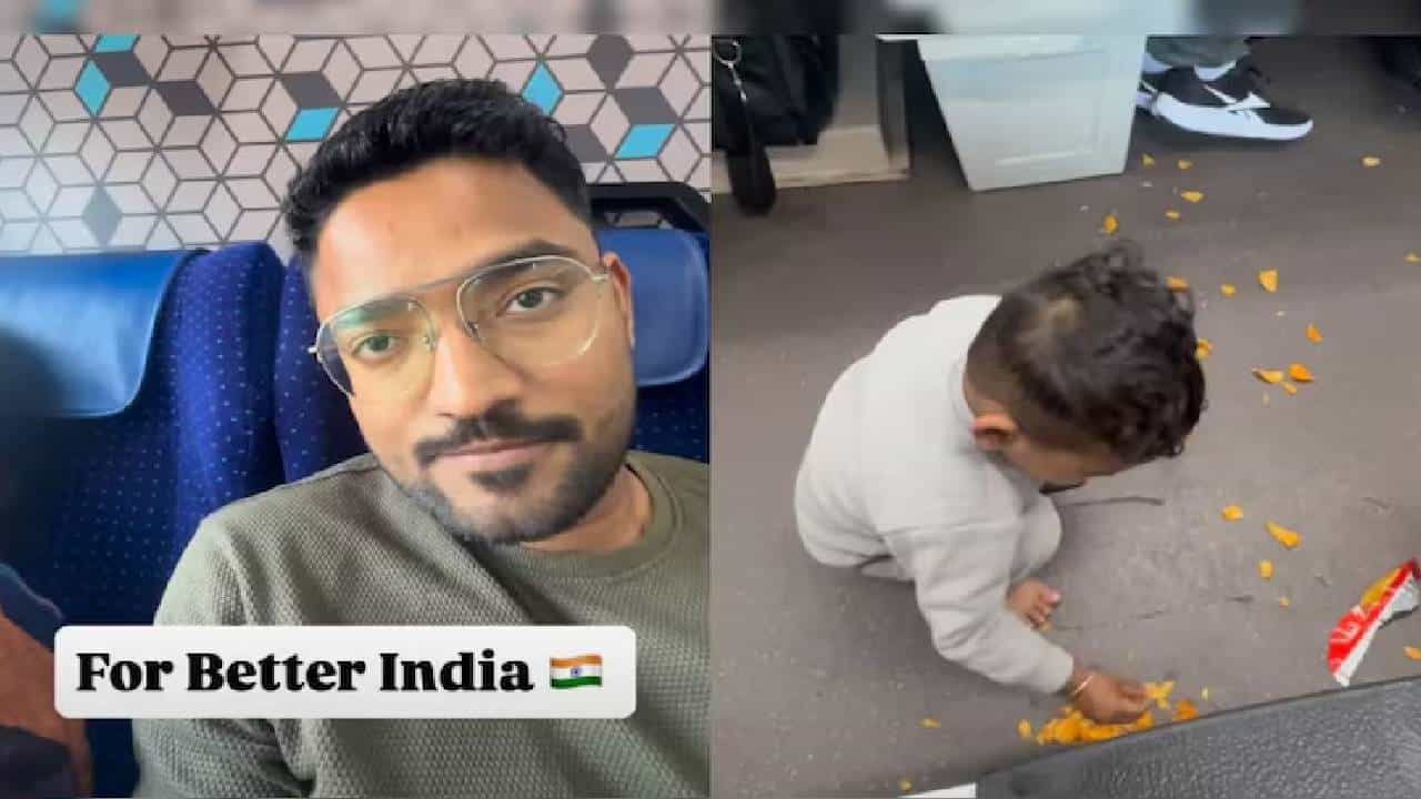 Viral Video: ರೈಲಿನಲ್ಲಿ ಚಿಪ್ಸ್​ ಚೆಲ್ಲಿದ ಮಗ, ಆತನ ಕೈಯಿಂದಲೇ ಸ್ವಚ್ಛಗೊಳಿಸಿದ ತಂದೆ