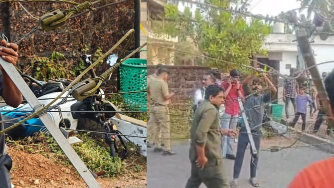 ಬೈಕ್​​ ಡಿಕ್ಕಿ ರಭಸಕ್ಕೆ ಮುರಿದುಬಿದ್ದ ವಿದ್ಯುತ್​​ ಕಂಬ: ಸವಾರರು ಬಚಾವ್​​