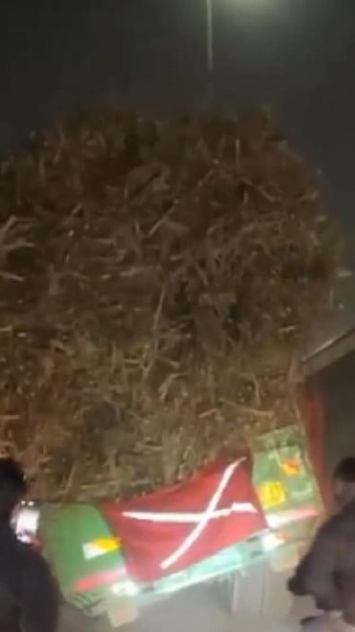 ರಸ್ತೆಯಲ್ಲೇ ಮಗುಚಿ ಬಿತ್ತು ಕಬ್ಬು ತುಂಬಿದ ಟ್ರಕ್; ಹಿಂದಿದ್ದ ಬೈಕ್ ಸವಾರರು ಕಂಗಾಲು