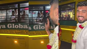 ನವವಿವಾಹಿತ ಜೋಡಿಯನ್ನು ಕಂಡೊಡನೆ ಶುಭಾಶಯ ಕೋರಿದ ಪುಟಾಣಿಗಳು