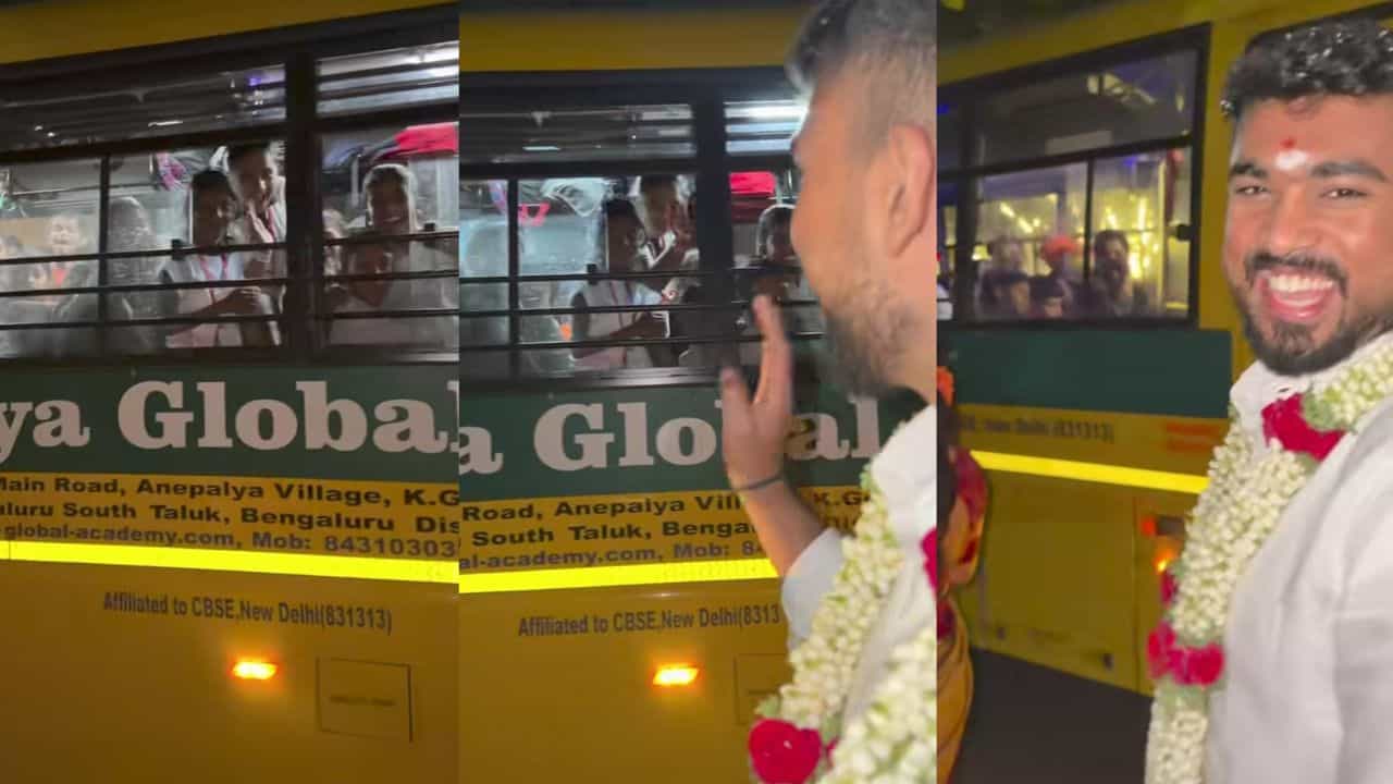 Video: ನವವಿವಾಹಿತ ಜೋಡಿಯನ್ನು ಕಂಡೊಡನೆ ಶುಭಾಶಯ ಕೋರಿದ ಶಾಲಾ ಬಸ್ಸಿನಲ್ಲಿದ್ದ ಪುಟಾಣಿಗಳು Video: ನವವಿವಾಹಿತ ಜೋಡಿಯನ್ನು ಕಂಡೊಡನೆ ಶುಭಾಶಯ ಕೋರಿದ ಶಾಲಾ ಬಸ್ಸಿನಲ್ಲಿದ್ದ ಪುಟಾಣಿಗಳು