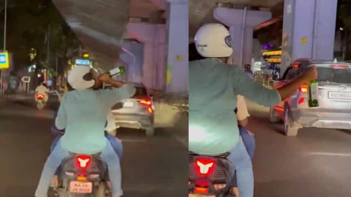 ಬೆಂಗಳೂರು ರಸ್ತೆಯಲ್ಲಿ ಯುವಕರ 'ಬಿಯರ್' ದರ್ಬಾರ್: ಟ್ರಿಪಲ್ ರೈಡಿಂಗ್, ಮದ್ಯಪಾನ ಮಾಡಿದ ವಿಡಿಯೋ ವೈರಲ್ ಬೆಂಗಳೂರು ರಸ್ತೆಯಲ್ಲಿ ಯುವಕರ 'ಬಿಯರ್' ದರ್ಬಾರ್: ಟ್ರಿಪಲ್ ರೈಡಿಂಗ್, ಮದ್ಯಪಾನ ಮಾಡಿದ ವಿಡಿಯೋ ವೈರಲ್