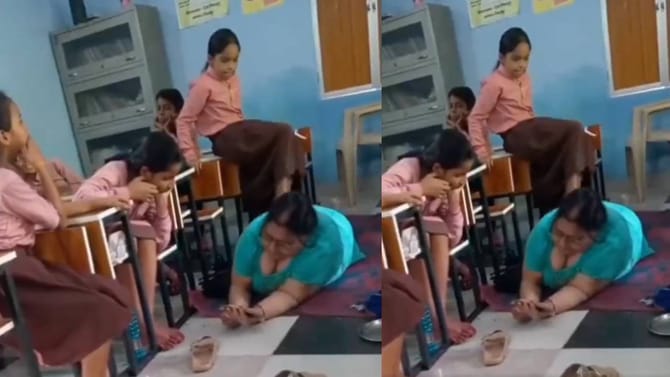 ತರಗತಿಯಲ್ಲೇ ಮಲಗಿ ವಿದ್ಯಾರ್ಥಿನಿಯಿಂದ ಮಸಾಜ್ ಮಾಡಿಸಿಕೊಂಡ ಶಿಕ್ಷಕಿ