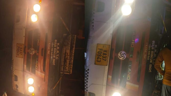 ವಿದ್ಯುತ್ ಕಂಬಕ್ಕೆ ಡಿಕ್ಕಿ ಹೊಡೆದು ಕೆಎಸ್​ಆರ್​ಟಿಸಿ ಬಸ್ ಪಲ್ಟಿ!