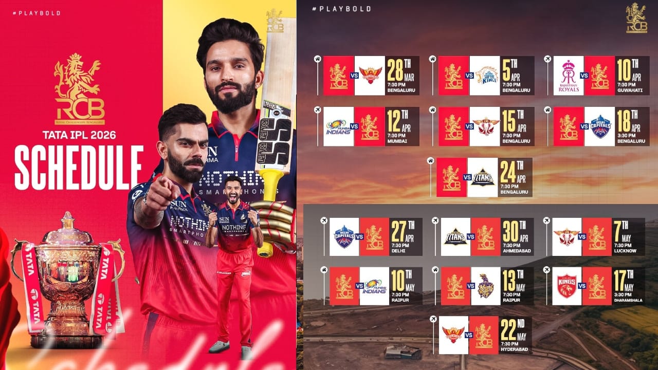 IPL 2026: ಲೀಗ್ ಹಂತದಲ್ಲಿ ಆರ್ಸಿಬಿ ಯಾವ ದಿನ ಯಾರ ವಿರುದ್ಧ ಆಡಲಿದೆ? ಇಲ್ಲಿದೆ ವಿವರ IPL 2026: ಲೀಗ್ ಹಂತದಲ್ಲಿ ಆರ್ಸಿಬಿ ಯಾವ ದಿನ ಯಾರ ವಿರುದ್ಧ ಆಡಲಿದೆ? ಇಲ್ಲಿದೆ ವಿವರ