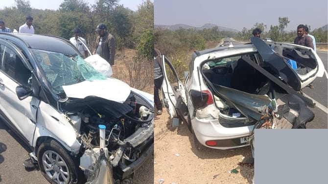 ಬೈಕ್‌ಗೆ ಕಾರು ಡಿಕ್ಕಿ ಹೊಡೆದು ಬಳಿಕ ಡಿವೈಡರ್‌ಗೆ ಗುದ್ದಿ ಪಲ್ಟಿ