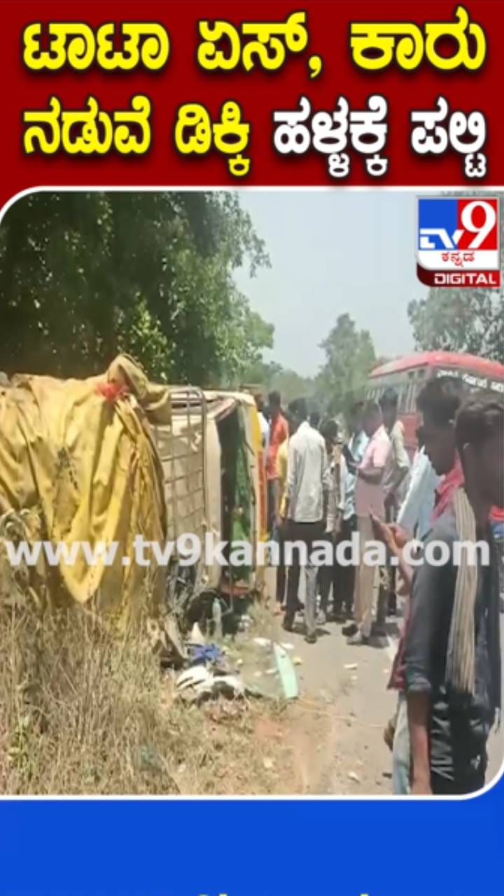 ಟಾಟಾ ಏಸ್​, ಕಾರು ಮುಖಾಮುಖಿ ಡಿಕ್ಕಿ: ಹಳ್ಳಕ್ಕೆ ಪಲ್ಟಿ