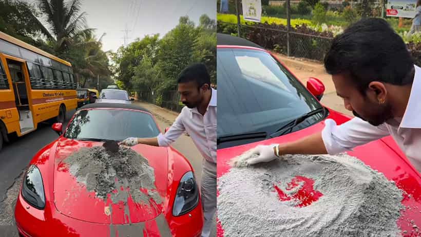 ಐಷಾರಾಮಿ ಪೋರ್ಷೆ ಕಾರಿನ ಬಾನೆಟ್ ಮೇಲೆ ಸಿಮೆಂಟ್ ಮಿಶ್ರಣ! ಬೆಂಗಳೂರಿನ ರಸ್ತೆ ಗುಂಡಿ ಮುಚ್ಚಿದ ಉದ್ಯಮಿಯ ವೀಡಿಯೋ ವೈರಲ್