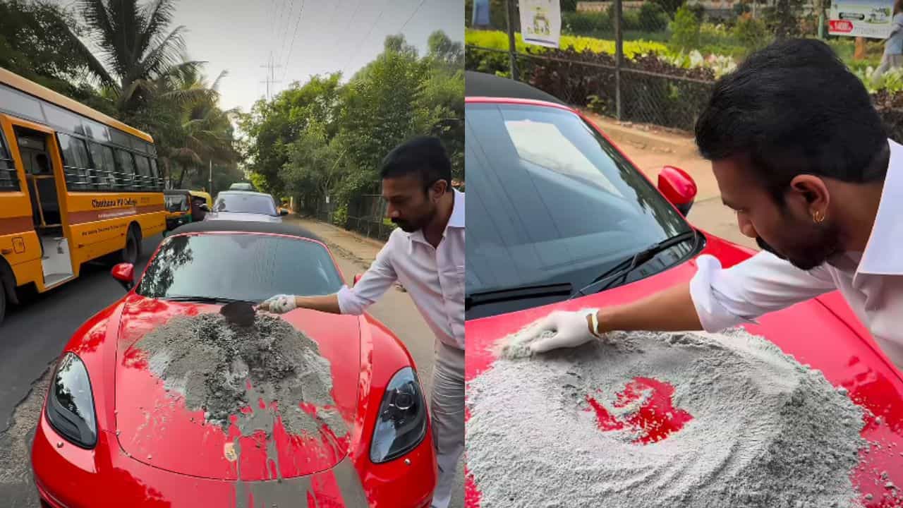 ಐಷಾರಾಮಿ 'ಪೋರ್ಷೆ' ಕಾರಿನ ಬಾನೆಟ್ ಮೇಲೆ ಸಿಮೆಂಟ್ ಮಿಶ್ರಣ! ಬೆಂಗಳೂರಿನ ರಸ್ತೆ ಗುಂಡಿ ಮುಚ್ಚಿದ ಉದ್ಯಮಿಯ ವೀಡಿಯೋ ವೈರಲ್