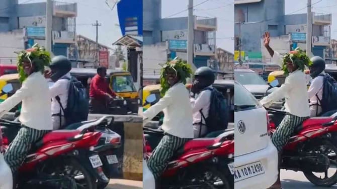 ಬಿಸಿಲಿಗೆ ತತ್ತರ: ಹೆಲ್ಮೆಟ್ ಬದಲು ಸೊಪ್ಪು ಕಟ್ಟಿಕೊಂಡು ಬೈಕ್ ಚಾಲನೆ