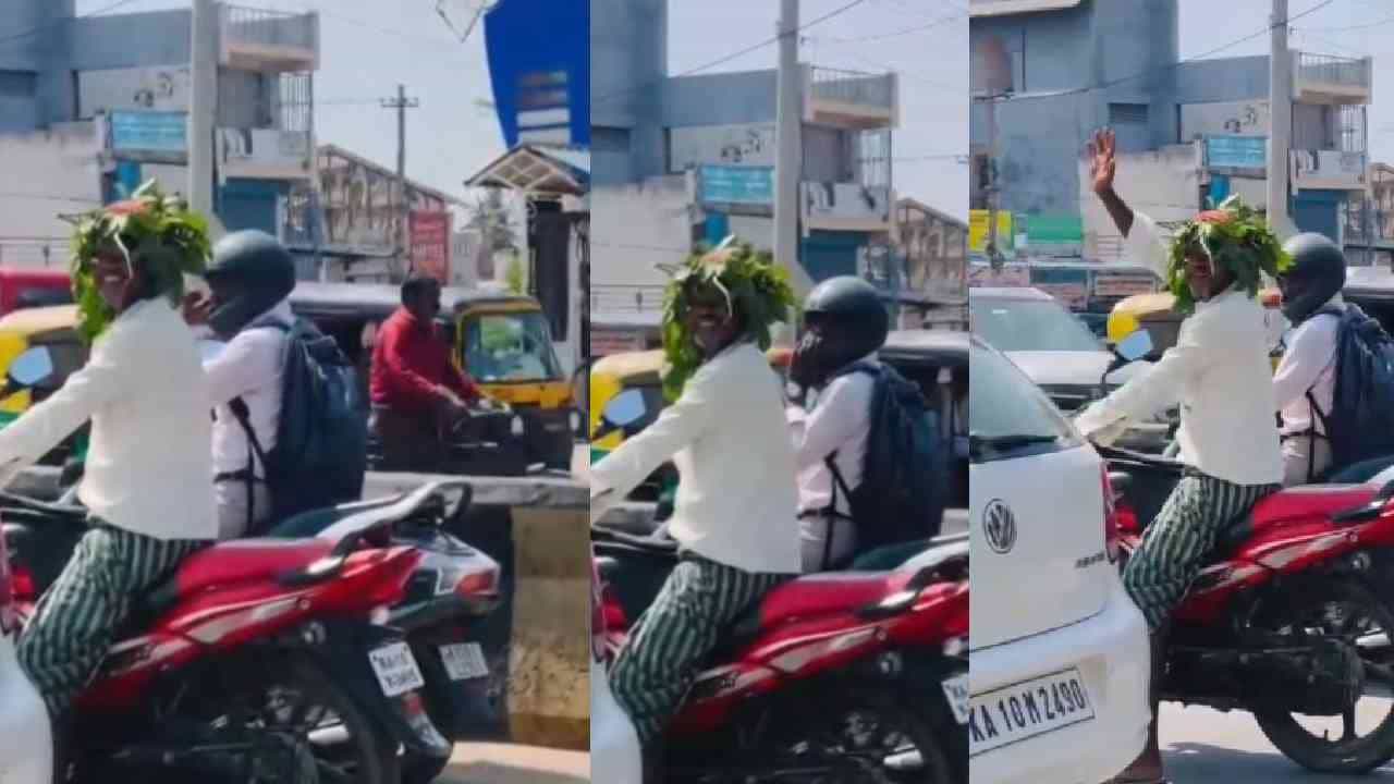 ಬಿಸಿಲಿಗೆ ತತ್ತರ: ಹೆಲ್ಮೆಟ್ ಬದಲು ಸೊಪ್ಪು ಕಟ್ಟಿಕೊಂಡು ಬೈಕ್ ಚಾಲನೆ, ವಿಡಿಯೋ ವೈರಲ್ ಬಿಸಿಲಿಗೆ ತತ್ತರ: ಹೆಲ್ಮೆಟ್ ಬದಲು ಸೊಪ್ಪು ಕಟ್ಟಿಕೊಂಡು ಬೈಕ್ ಚಾಲನೆ, ವಿಡಿಯೋ ವೈರಲ್