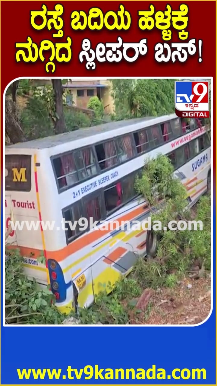 ಹಳ್ಳಕ್ಕೆ ನುಗ್ಗಿದ ಸ್ಲೀಪರ್ ಬಸ್, ತಪ್ಪಿದ ಭಾರಿ ಅನಾಹುತ