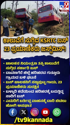 ಕಾಲುವೆಗೆ ನುಗ್ಗಿದ KSRTC Bus: 23 ಮಂದಿ ಜಸ್ಟ್ ಮಿಸ್