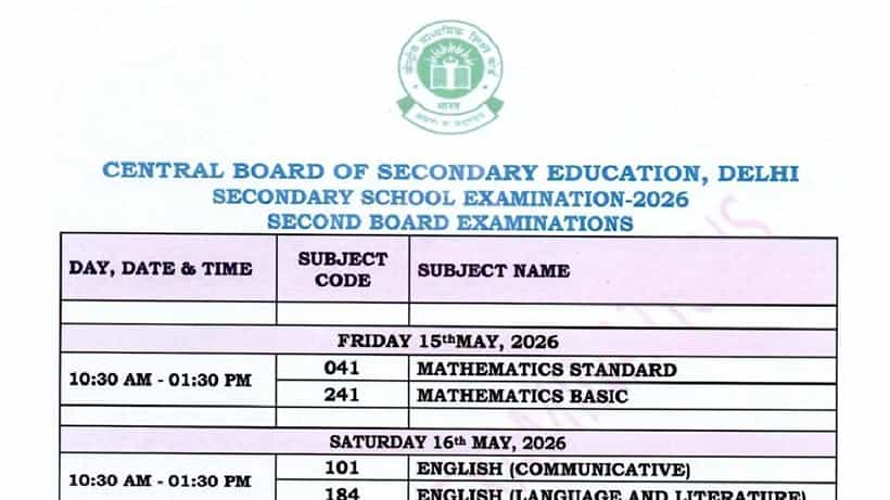 CBSE 10 Second Board Exam: CBSE 10ನೇ ತರಗತಿ ಎರಡನೇ ಬಾರಿಯ ಬೋರ್ಡ್ ಪರೀಕ್ಷಾ ವೇಳಾಪಟ್ಟಿ ಪ್ರಕಟ; ಮೇ 15ರಿಂದ ಪರೀಕ್ಷೆ ಆರಂಭ