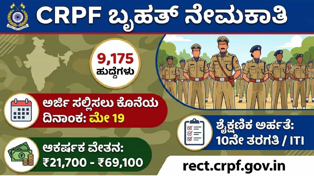 CRPF Recruitment 2026: CRPF ನೇಮಕಾತಿ; 9,000ಕ್ಕೂ ಹೆಚ್ಚು ಕಾನ್ಸ್‌ಟೇಬಲ್ ಹುದ್ದೆಗಳಿಗೆ ಅರ್ಜಿ ಆಹ್ವಾನ