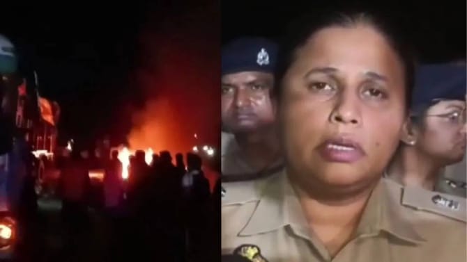 ಮಿರ್ಜಾಪುರದಲ್ಲಿ ಎರಡು ಟ್ರಕ್​ಗಳ ನಡುವೆ ಸಿಲುಕಿ ನಜ್ಜುಗುಜ್ಜಾದ ವಾಹನಗಳು