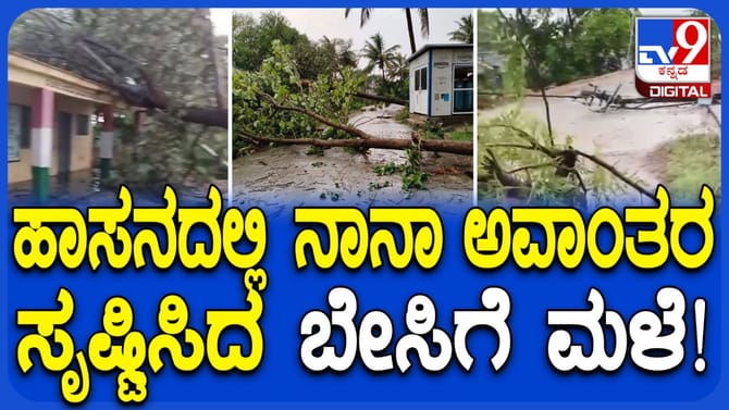 ಹಾಸನ ಹಲವು ಅವಾಂತರ ಸೃಷ್ಟಿಸಿದ ಮಳೆ: ಧರೆಗುರುಳಿದ ವಿದ್ಯುತ್​ ಕಂಬ, ಮರಗಳು