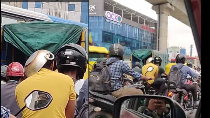 ಬೆಂಗಳೂರಿನಲ್ಲಿ ಟ್ರಾಫಿಕ್ ದಂಡ ತಪ್ಪಿಸಲು ಬಾಣಲೆಯನ್ನೇ ಹೆಲ್ಮೆಟ್ ಮಾಡಿಕೊಂಡ ಯುವಕ! ಬೆಂಗಳೂರಿನಲ್ಲಿ ಟ್ರಾಫಿಕ್ ದಂಡ ತಪ್ಪಿಸಲು ಬಾಣಲೆಯನ್ನೇ ಹೆಲ್ಮೆಟ್ ಮಾಡಿಕೊಂಡ ಯುವಕ!