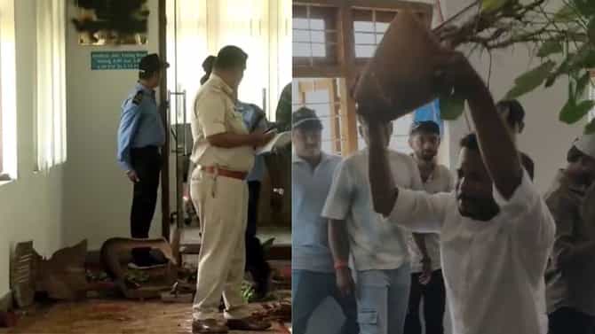 ರಣಾಂಗಣವಾದ ಕುವೆಂಪು ವಿವಿ ಆವರಣ: ಕುರ್ಚಿ, ಪಾಟ್​​ಗಳು ಧ್ವಂಸ