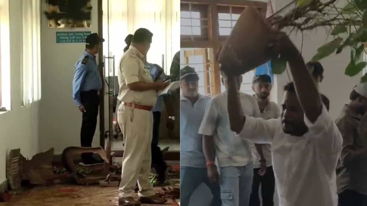 ರಣಾಂಗಣವಾದ ಕುವೆಂಪು ವಿಶ್ವವಿದ್ಯಾಲಯದ ಆವರಣ: ಕುಲಪತಿ ಕಚೇರಿಯ ಕುರ್ಚಿ, ಪಾಟ್ಗಳು ಧ್ವಂಸ ರಣಾಂಗಣವಾದ ಕುವೆಂಪು ವಿಶ್ವವಿದ್ಯಾಲಯದ ಆವರಣ: ಕುಲಪತಿ ಕಚೇರಿಯ ಕುರ್ಚಿ, ಪಾಟ್ಗಳು ಧ್ವಂಸ