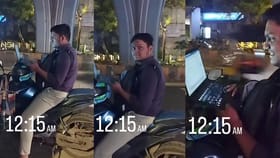 ರಾತ್ರಿ 12 ಗಂಟೆಗೆ ಬೈಕ್‌ನಲ್ಲಿ ಲ್ಯಾಪ್ ಟಾಪ್ ಹಿಡಿದು ಕುಳಿತ ವ್ಯಕ್ತಿ