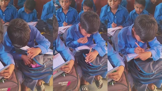 ಪಾಠದ ನಡುವೆ ಟೀಚರ್‌ಗೆ ಗೊತ್ತಾಗದಂತೆ ಕದ್ದು ತಿಂಡಿ ತಿಂದ ಪುಟ್ಟ ಹುಡುಗ