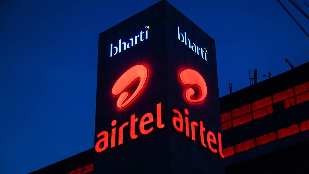 Bharti Airtel logo with stock market graph in background
