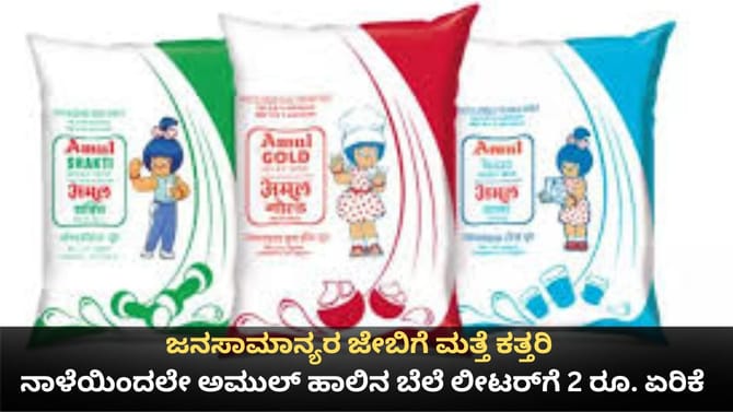 ಜನಸಾಮಾನ್ಯರ ಜೇಬಿಗೆ ಕತ್ತರಿ; ಅಮುಲ್ ಹಾಲಿನ ಬೆಲೆ ಲೀಟರ್​​ಗೆ 2 ರೂ. ಏರಿಕೆ