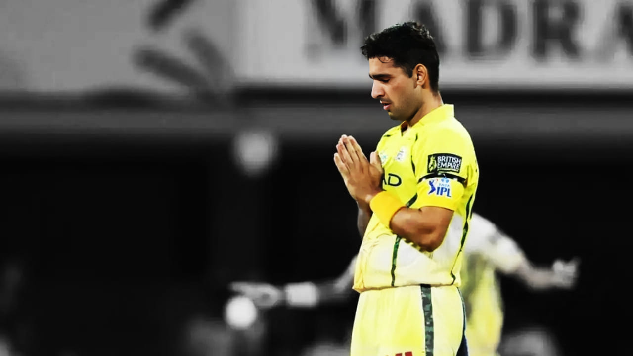 Anshul Kamboj bowling in an IPL match, looking dejected after conceding runs